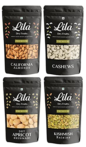 Lila Dry Fruits Combo Cashews, Almonds, Golden Raisins & Dry Apricots 200Gm Each| Kaju, Badam, Kishmish, Khurmani| Combo 800Gm(4 X 200Gms)