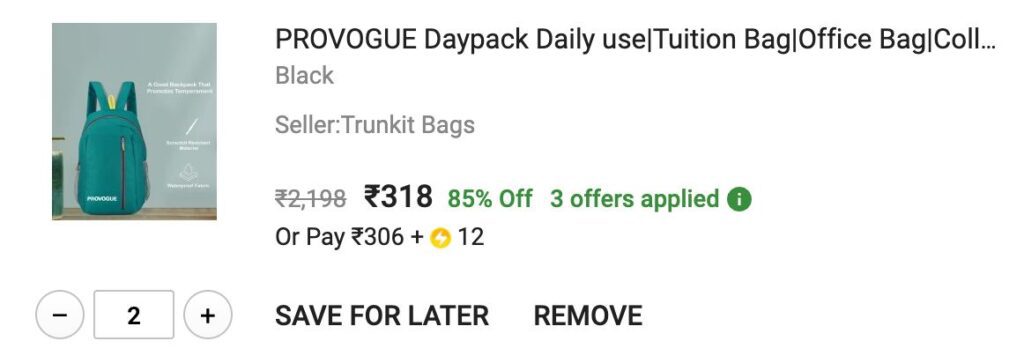 Provogue 25L Backpack @199.Add 2 Qty & Get Each at Rs.169