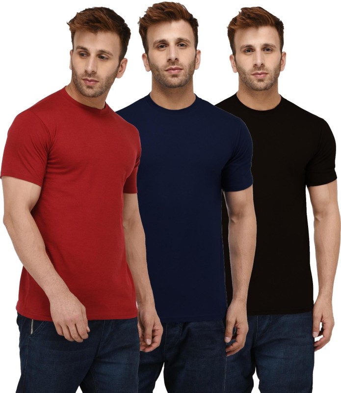 London Hills Solid Men Round Neck Dark Blue, Maroon, Black T-Shirt