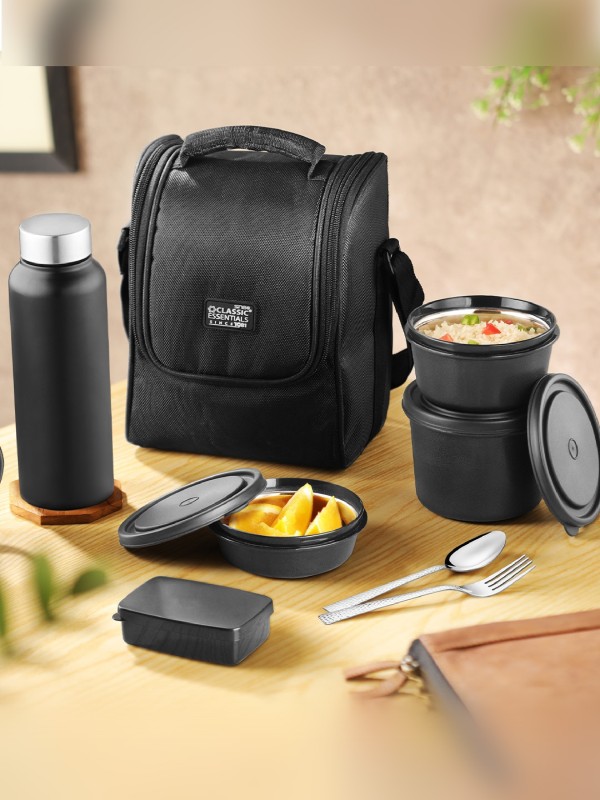 Classic Essentials Lunch Box Set Of 5|4 Microwavesafe Container And1Steel Bottle|,Free Bag /Cutlery 4 Containers Lunch Box(1250 Ml, Thermoware)