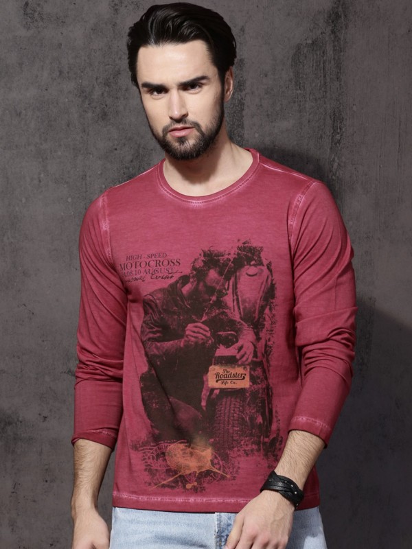 Roadster Graphic Print, Typography Men Round Neck Maroon T-Shirt