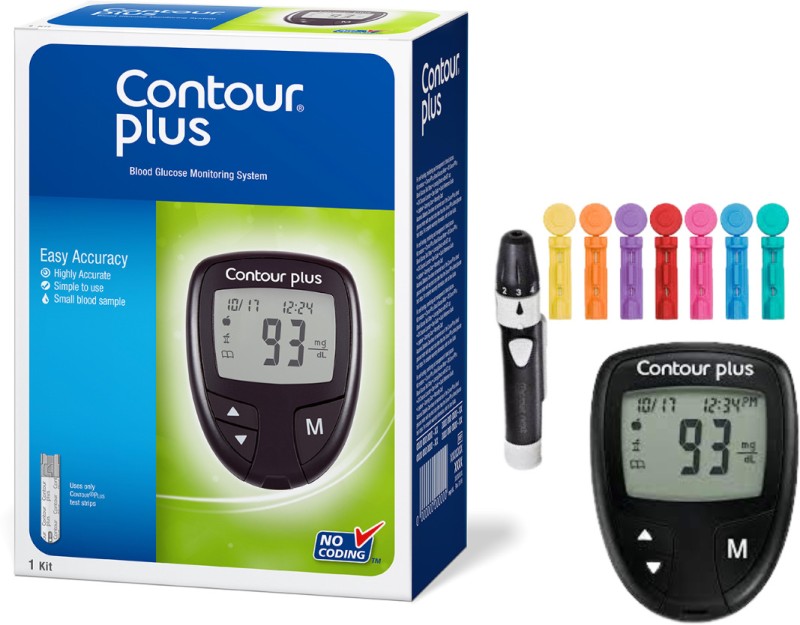 Contour Plus Glucometer + 1 Lancing Device + 5 Coloured Lancets, Glucometer(Black)