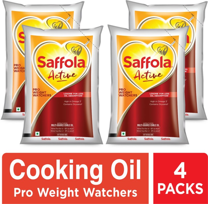 Saffola Active Refined Cooking Rice Bran & Soyabean Blended Oil Pouch(4 X 1 L)