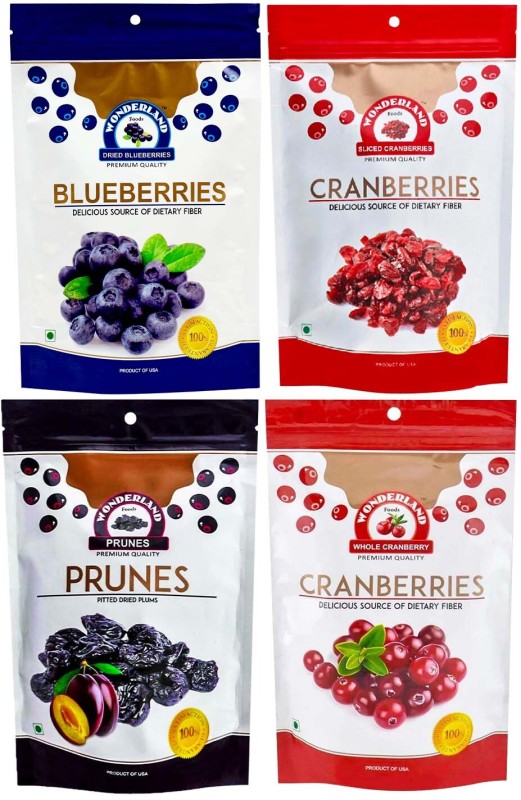 Wonderland Whole & Sliced Cranberries, Blueberries & Prunes Dried Fruits Combo Pack Of 4 (750G) Blueberry, Cranberries, Prunes(4 X 187.5 G)