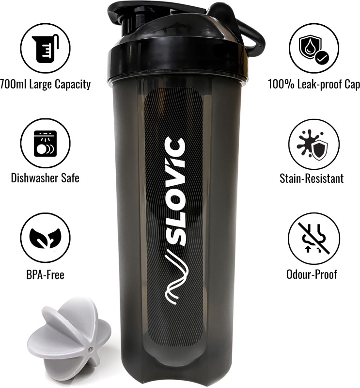 Slovic Leak-Proof Gym Shaker | Protein Shaker With Typhoon Blender | Bpa-Free 700 Ml Shaker(Pack Of 1, Black, Plastic)