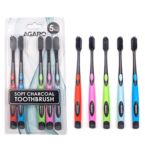 Agaro Charcoal Manual Toothbrush, Gentle Soft, Teeth Whitening For Adults & Children, Medium Tip Bristles, Family Pack Of 5, Mix Colour