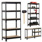 Star Work Black Adjustable Set Of 5-Shelf Metal Storage Shelving Unit, Steel Bootless Rivet Utility Display Rack Garage Shelves, 63 Inches Height(63 X 24 X 12 Inch-H X W X D,Black)