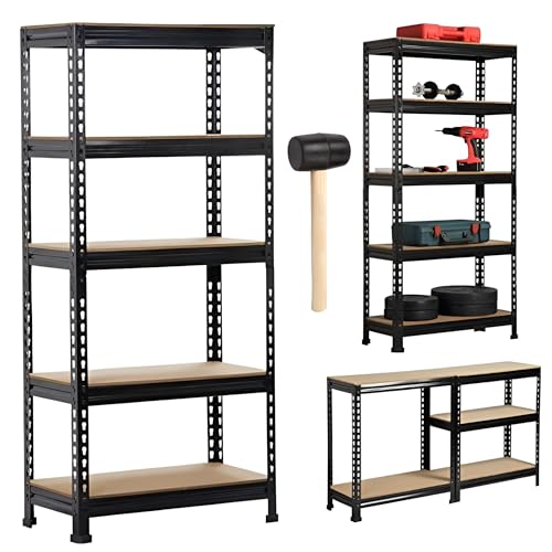 Star Work Black Adjustable Set Of 5-Shelf Metal Storage Shelving Unit, Steel Bootless Rivet Utility Display Rack Garage Shelves, 63 Inches Height(63 X 24 X 12 Inch-H X W X D,Black)