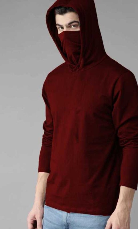 Denzolee Solid Men Hooded Neck Maroon T-Shirt